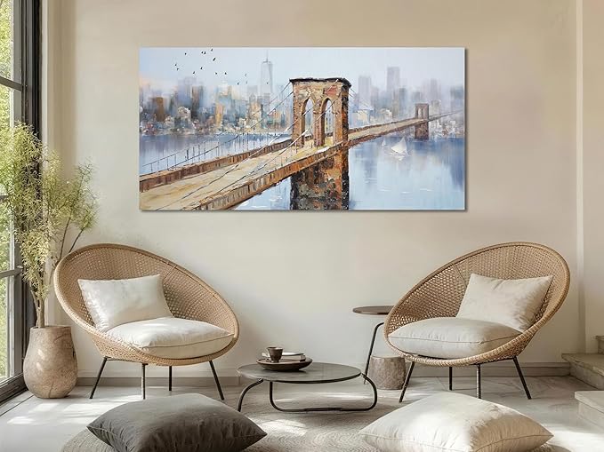 Arjun Brooklyn Bridge Canvas Wall Art New York Skyline City Painting, NYC Picture Textured Artwork Framed for Bedroom Living Room Home Office Wall Decor, Extra Large 58"x29"