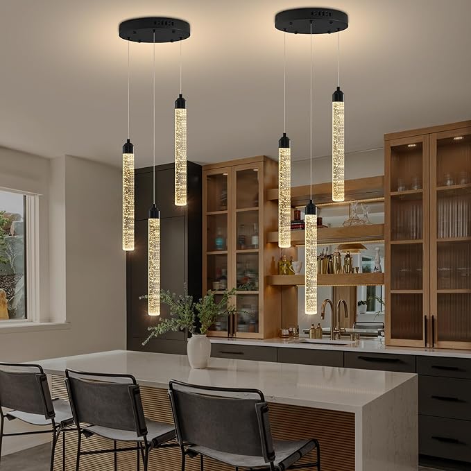 3-Light Modern Dimmable LED Crystal Chandelier - Black Mini Pendant Lighting with Spiral Raindrop/Bubble Cluster Pendant for Kitchen Island, Dining Room, Living Room, Foyer