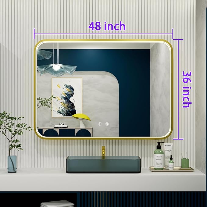 48x36 Inch Gold LED Bathroom Mirror with Lights, 3000K/4500K/6000K, Wall Mounted Lighted Vanity Mirrors for Bathroom, Memory Funtion, Stepless Dimmable, Anti-Fog, Horizontal/Vertical
