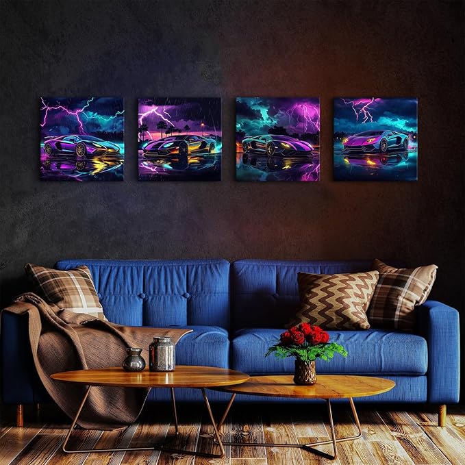 Lamborghini Car Posters Fashion Lightning Landscape Vehicle Pictures Boys Room Decor Modern Black and White City Street Racing Vehicle Prints Painting Guys Dorm Garage Office Home Decoration 16x16" 4P