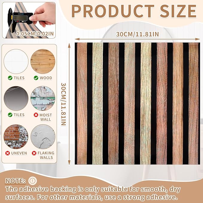 30 Pcs Faux Wood Slat Wall Panel Peel and Stick 11.8"x11.8" Peel and Stick Wood Tiles Ultralight PVC Wall Paneling for Bedroom, Bathroom, Kitchen Backsplash, Farmhouse Interior Decor