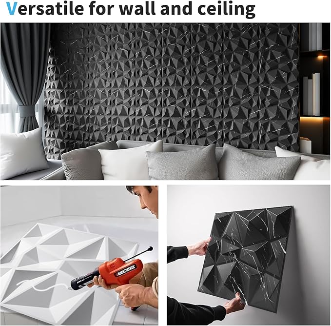 Art3d 3D Diamond Design Paneling for Interior Decor, Living Room, TV Wall Background, Bedroom, Gaming Setup, 11.8" x 11.8", Black Marble, 33 Pack