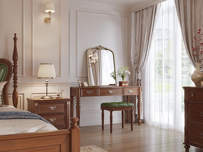 Arched Antique Wall Mirror, 24"x32" Vintage Gold Bathroom Vanity Mirror, Ornate Arch Bronze Mirror for Over Sink/Fireplace/Entryway