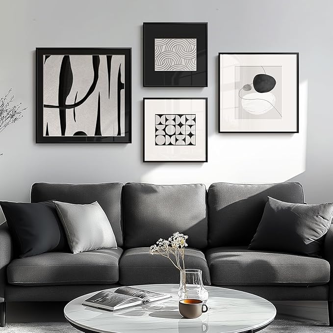 4 Piece Framed Abstract Wall Art Set, Large Modern Canvas Picture Artwork, Minimalist Contemporary Line Black and White Gray Painting Prints for Living Room, Hallway, Bedroom and Office
