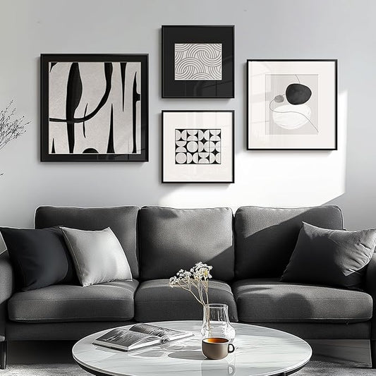 4 Piece Framed Abstract Wall Art Set, Large Modern Canvas Picture Artwork, Minimalist Contemporary Line Black and White Gray Painting Prints for Living Room, Hallway, Bedroom and Office