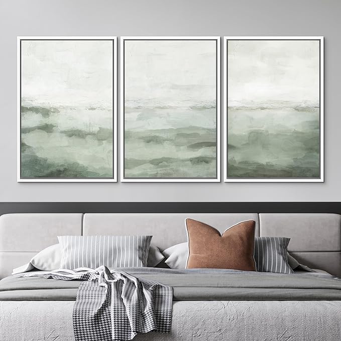 MUDECOR Framed Canvas Print Wall Art Sage Green Abstract Prints Minimalist Modern Wall Art Decor for Bedroom - 16"x24"x3 White
