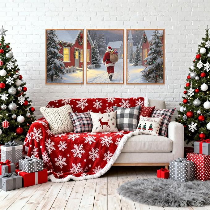Aurlan Santa Claus is Coming to Town Framed Wall Art(12"x16"), 3PCS Vintage Christmas Winter Holiday Canvas Artwork, Large Xmas Snow Forest Cabin Cottagecore Decor for Home Office Bedroom