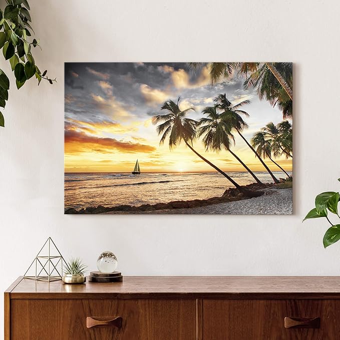 Coastal Wall Art Canvas Decor: Beach Scene Sunset Picture Ocean Sea Tropical Palm Tree Print Seascape Sailboat Painting Seaside Seashore Landscape Artwork for Bathroom Living Room 24 x 16 Inch