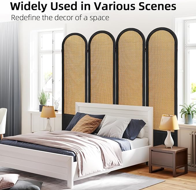 4 Panel Room Divider and Folding Privacy Screen 5.6 Ft Foldable Double Hinged Room Partition, Hand-Woven Rattan Room Divider Portable Wood Wall Divider for Room Separation, Home, Black