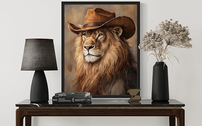 Lion Cowboy Art Print Poster Wall Art, Western Country Farmhouse Wild West for Bedroom, Bathroom, Living Room Art Decor 58 (Lion, 8 x 10 inches, Black Frame)