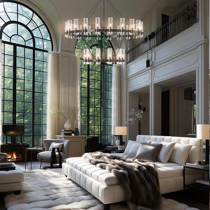 Large Black Chandelier, 30 Light Wagon Wheel Chandelier with Glass Shade,60 Inch Round Industrial High Ceilings Pendant Lighting Fixture for Dining Living Room, Kitchen Island, Foyer