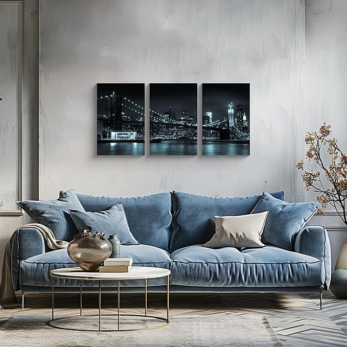 NAN Wind 3 Pcs Wall Art Brooklyn Bridge Black Canvas Art Paintings For Room Decor Manhattan Skyline Cityscape New York Skyscrapers Picture Prints On Canvas For Home Decor Modern Giclee Framed