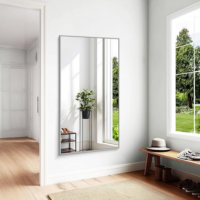 KOCUUY Silver Bathroom Mirror, 60"x30" Large Rectangle Bathroom Mirror for Wall, HD Tempered Glass, Anti-Rust Brushed Silver Frame, Modern Design for Bathroom, Bedroom, Hang Horizontal/Vertical