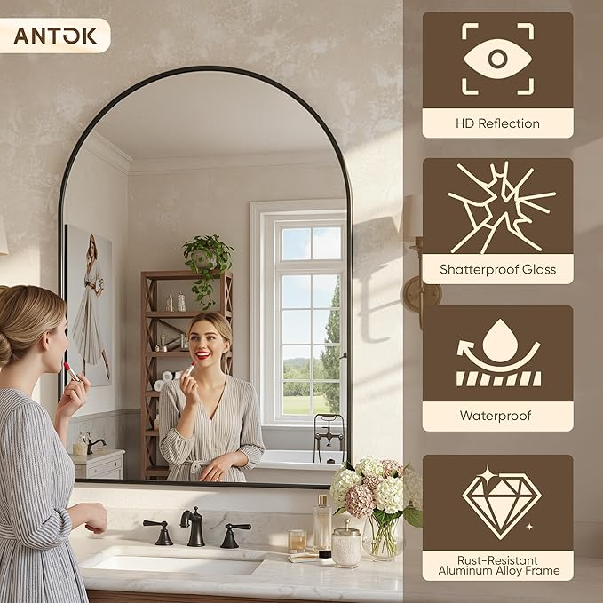 Antok Wall Mirror, 20"x30" Bathroom Vanity Mirror, Anti-Rust HD Tempered Glass, Wall Mounted Mirrors for Living Room, Entryway, Black Frame, Arched