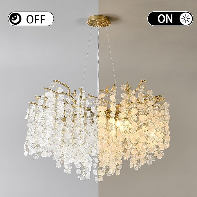 32 Inch Gold Crystal Chandelier, 10-Light Coastal Chandeliers for Dining Room, Large Modern Tree Branch Light Fixtures, Seashell Chandelier for Entryway Foyer Bathroom Living Room, E12