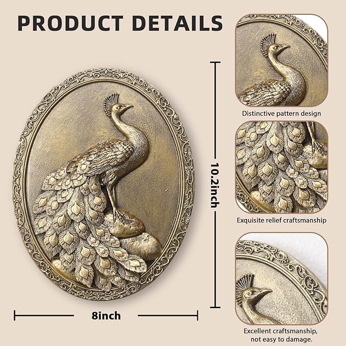 Newinhome Vintage Peacock Wall Sculpture Antique Wall Decor, Hand Painted Wall Decoration with Embossed Peacock Design, Gold Decor for Bedroom Living Room Hallway, Housewarming Gift