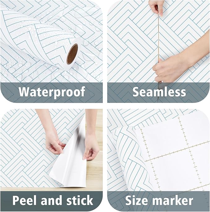 Blue White Geometric Peel and Stick Wallpaper Self Adhesive Geometric Contact Paper for Walls Striped Wallpaper Peel and Stick Modern Accent Wallpapers for Bedroom Kitchen Bathroom 17.5"x120"