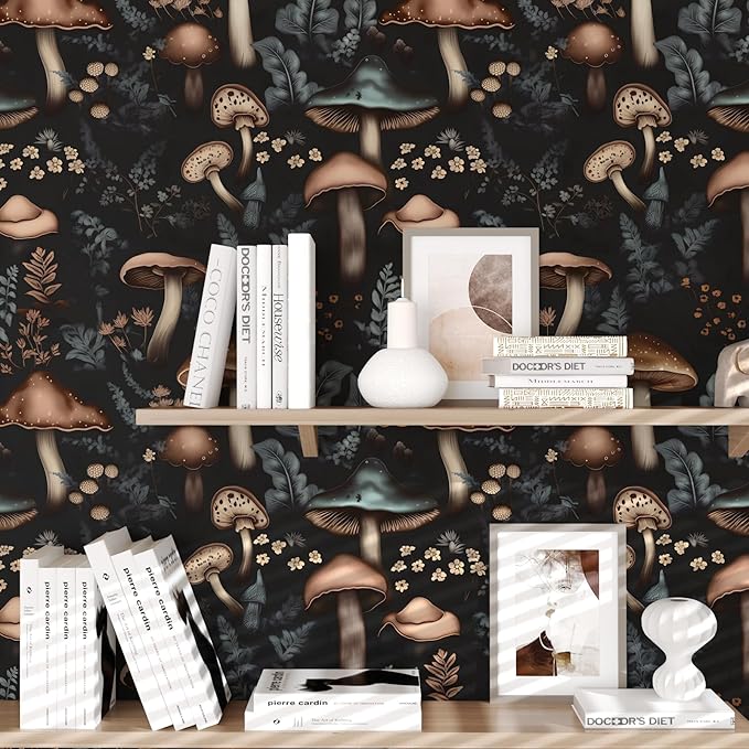 Mushroom Peel and Stick Wallpaper - Black Leaf Vintage Dark Flower Removable Wallpaper Self Adhesive for Cabinet Drawers - 17.5''x118.1''