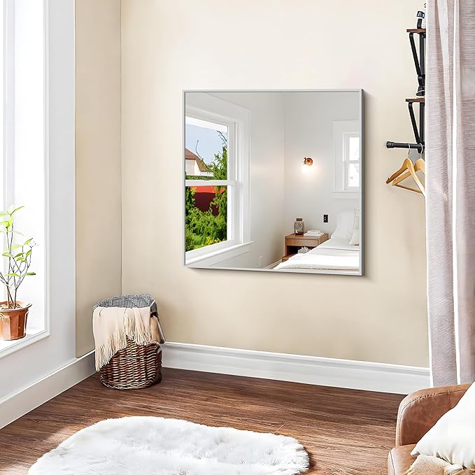 KOCUUY Silver Framed Mirror, 30"x30" Rectangle Bathroom Mirror for Wall, HD Tempered Glass, Anti-Rust Brushed Silver Frame, Modern Design for Bathroom, Bedroom, Living Room, Entryway