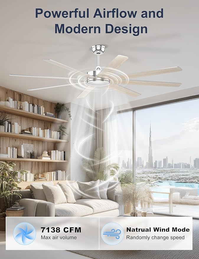 72'' Silver Ceiling Fans With No Lights, 8 Blades Large Ceiling Fan Remote/APP Control, Silent Shop Ceiling Fan for Garage Covered Outdoors