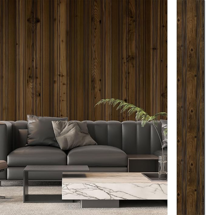 Art3d 4-Pack Glue-On Wall Panels, Wood Grain Texture Interior Wall Decor, 104"x12" Recycled Polystyrene Wainscoting Panels, Low Emission for Living Room Bedroom,Eatrh Walnut