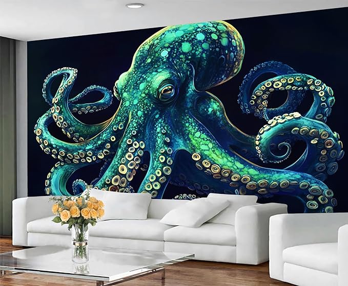 Blue-Green Octopus Wall Murals, Tentacles Mural Wallpaper, Marine Life Wall Decor, Fantasy Ocean Mural for Bedroom, Octopus Wallpaper for Living Room 118"（W） x 78"（H）