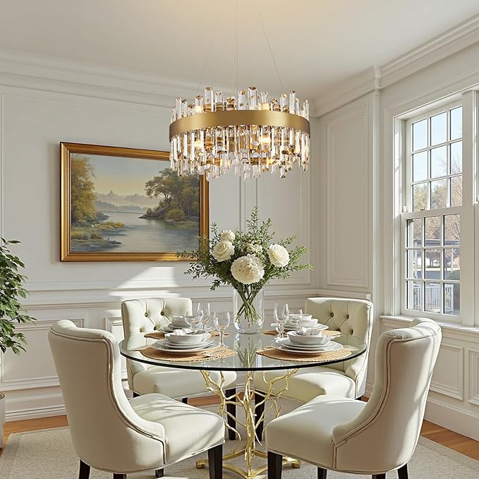 Modern Gold Crystal Chandelier, 12-Light Luxury Dining Room Chandelier, Elegant K9 Crystal Pendant Ceiling Light Fixture for Living Room, Kitchen, Entryway, E12 Base, 59" Adjustable Wire