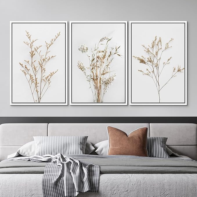 MUDECOR Framed Canvas Print Wall Art Wildflower Floral Botanical Prints Minimalist Wall Art Modern Farmhouse for Bedroom - 16"x24"x3 White