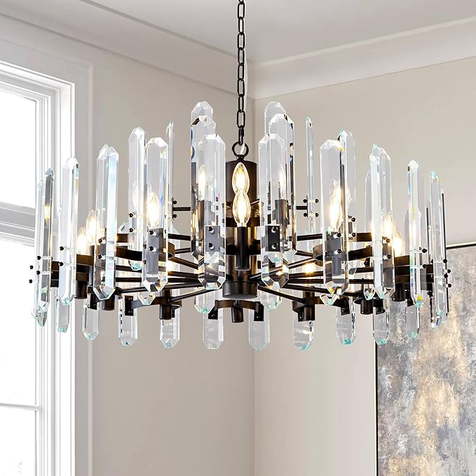 36" Luxury Black Crystal Chandelier, 16-Light Round Modern Chandelier for Dining Room, Adjustable Chain Chandelier Pendant Light Fixture for Living Room, Bedroom, Kitchen Island, Foyer, Entryway