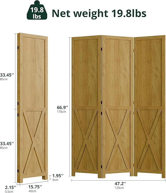 Cozy Castle Wood Room Divider, 3 Panel 66.9 Inch Privacy Screen, Folding Wall Divider, Barnwood Room Separator, Freestanding Partition, Temporary Wall for Decorative, Natural