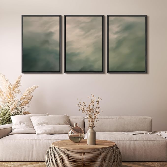MUDECOR Framed Wall Art Print Set Soft Green Cloudscape Tranquil Abstract Nature Illustrations Modern Art Boho Decorative Colorful Chic for Living Room, Bedroom, Office - 24"x36"x3 Black