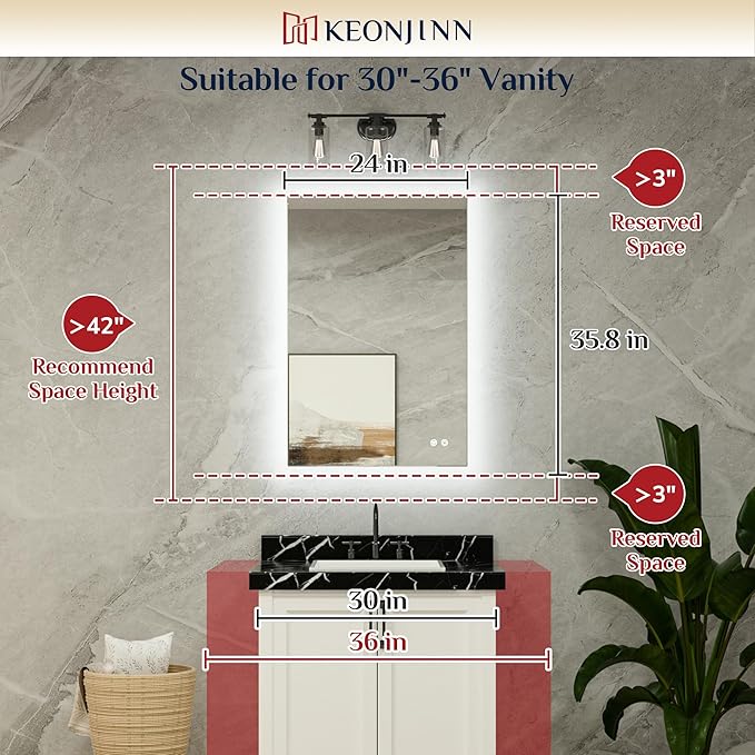 Keonjinn 24" x 36" LED Bathroom Mirror, Blacklit Mirror with 3 Color Warm/Natural/White Lights, Wall Mounted Vanity Mirror with Stepless Dimmable, Anti-Fog, Memory Function (Vertical/Horizontal)