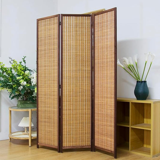 3 Panel Room Divider Screen,5.6 FT Tall Bamboo Panel Divider Folding Privacy Screen,Freestanding Room Divider for Room Seperation,Brown