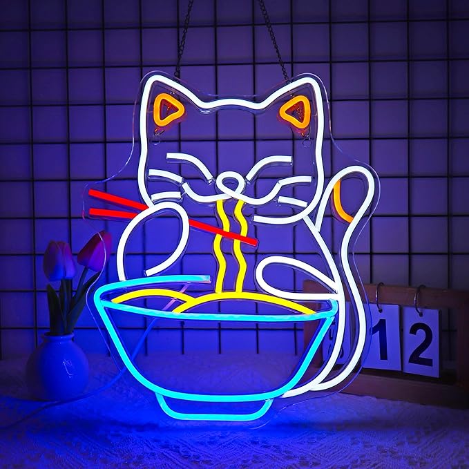 Neon Sign, Cat Ramen Neon Signs for Wall Decor Neon LED Signs Room Neon Light Up Signs Home Decor for Business Restaurant Bedroom Club Party Bars Shop Decoration USB Operated