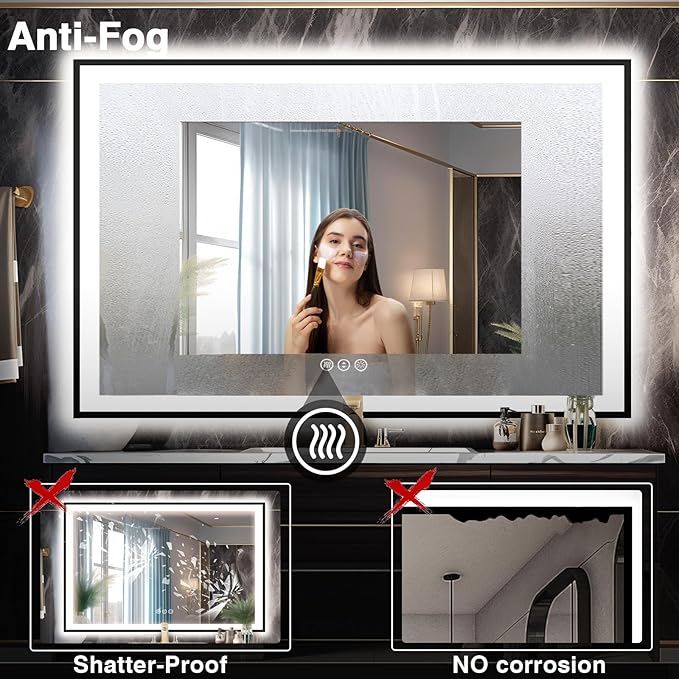 60x40 LED Mirror for Bathroom - Matte Black Framed, Anti-Fog Vanity Mirror with Lights, Stepless Dimmable, 3 Colors Smart