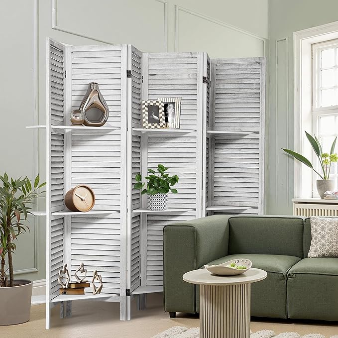 6 Panel Room Divider 5.6FT Louvered Design Room Dividers with Display Shelves Folding Privacy Screens Portable Freestanding Partition Wall Dividers for Bedroom & Office, Retro White