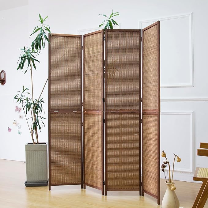 4 Panel Bamboo Room Divider and Folding Screen Divider,Two in One Detachable and Foldable Panel Divider for Room Separation,Brown,67" H x 61.4" W