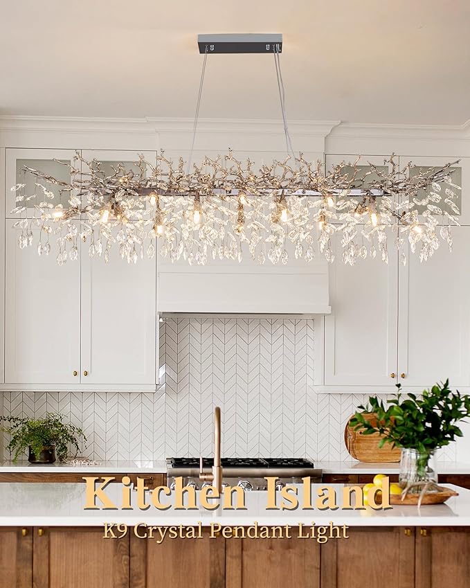 Modern Tree Branch Chandelier, 16 Lights Rectangular 59" Crystal Silver Chandeliers Height Adjustable for Kitchen Island Dining Room Living Room