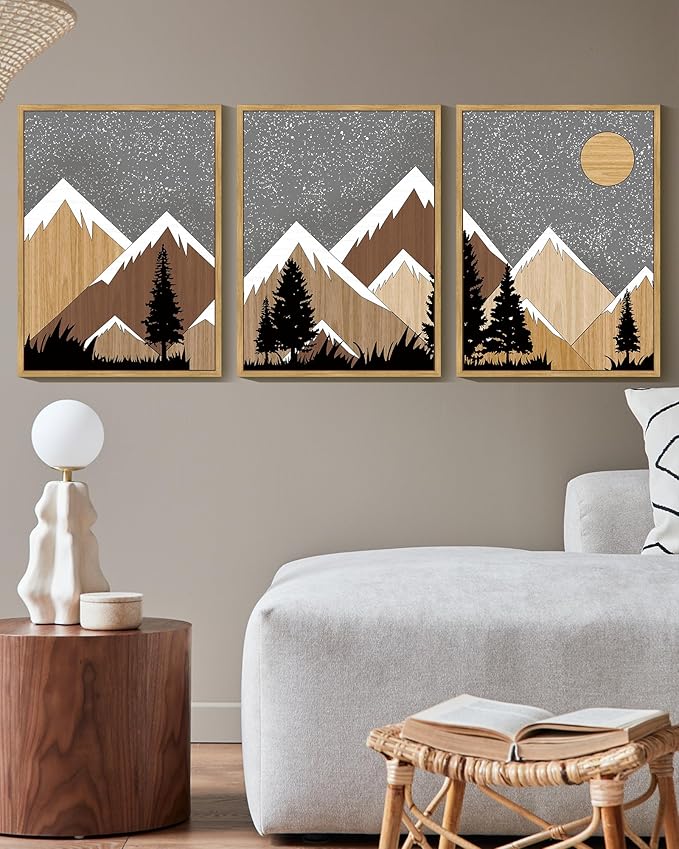 KUVIOKE Morden Mountains Framed Wall Art Boho Pine Tree Forest Nature Landscape Artwork Painting Bohemain Farmhouse Rustic Home Decor 12x16in (Natural Framed)
