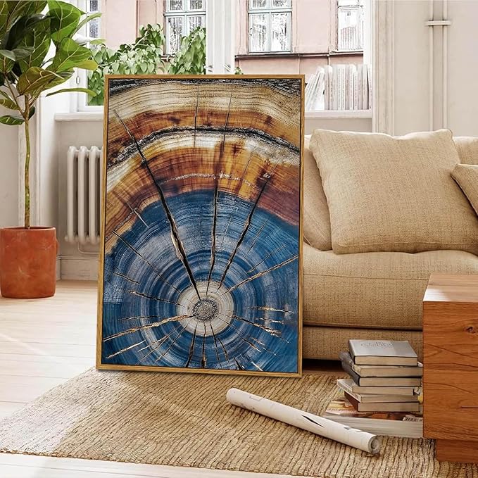 BingruiArt Large Framed Tree Ring Wall Art Wood Canvas Colorful Boho Wall Decor Rustic Artwork Abstract Painting Farmhouse Picture Nature Print for Living Room Bedroom Bathroom 24"x36" Natural Framed(02)