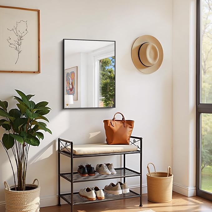 Black Bathroom Mirror for Wall, 18x24 Inch Rectangle with Metal Frame, Modern Vanity for Bathroom Living Room, Entryway Hangs Horizontal or Vertical