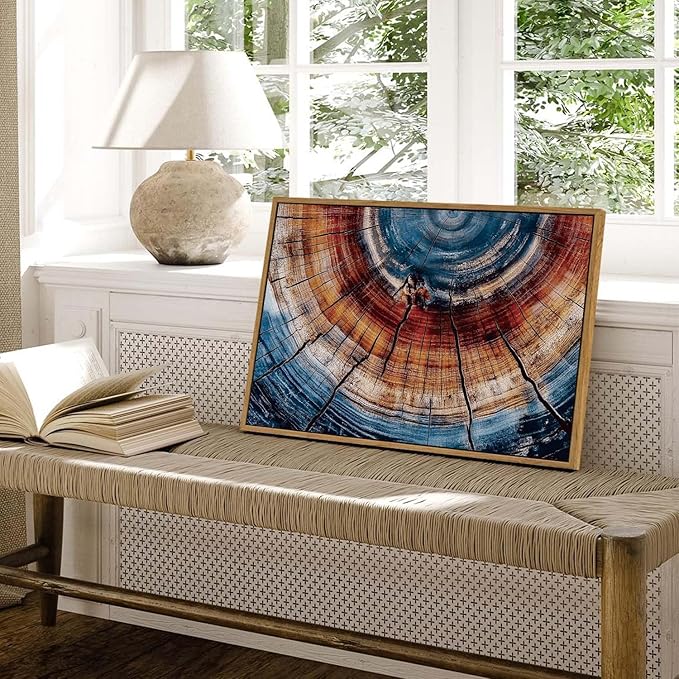 BingruiArt Framed Tree Ring Wall Art Wood Canvas Colorful Boho Wall Decor Rustic Artwork Abstract Painting Farmhouse Picture Nature Print for Living Room Bedroom Bathroom 16"x24" Natural Framed(01)