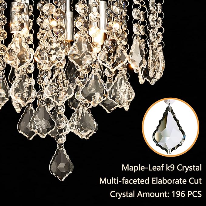 3-Light Mini Crystal Chandelier,10" Modern Chandelier Lighting Fixture,K9 Crystal Flush Mount Ceiling Light,Crystal Ceiling Light for Girls Bedroom Closet Foyer Entryway Aisle,Chrome