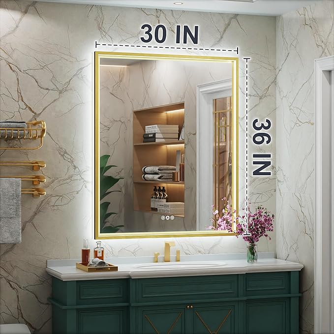 30x36 Inch Gold LED Bathroom Mirror with Front & Back Lights, Adjustable 3000K/4500K/6000K, Wall Mounted Lighted Bathroom Vanity Mirrors, Anti-Fog, Dimmable, Horizontal/Vertical