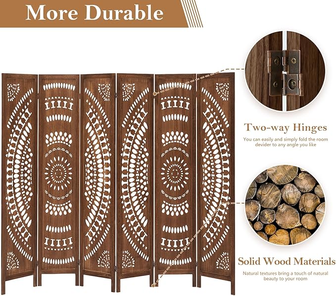 Boho 6 Panel Room Divider, Room Dividers and Folding Privacy Screens, Modern Room Partition, 67" Room Divider Wall, Privacy Dividers for Rooms, Bedroom, Office, Dark Brown