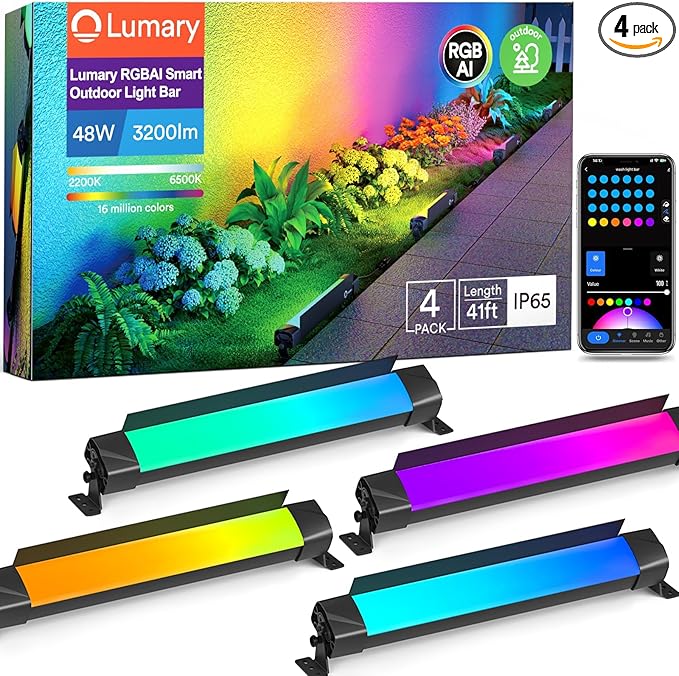 Lumary Smart Outdoor Led Light Bar, RGBAIWW Color Changing Wall Washer Lights, IP65 Backyard Ambient Floodlights Landscape Lighting for Room/Garden/Halloween/Christmas, APP&Voice Control, 4 Pack