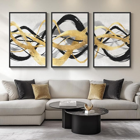 Large Framed Black White Gold Abstract Canvas Wall Art for Living Room, 3 Piece Modern Prints Paintings Artwork for Walls, Black Gold Spiral Line Pictures for Hallway Dining Office Wall Decor 24x36 Inch