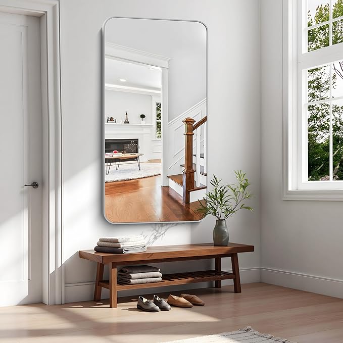 KOCUUY Silver Bathroom Mirror, 30x55 Inch Bathroom Mirror for Over Sink, HD Tempered Glass, Anti-Rust Brushed Silver Frame, Rounded Corner Modern Design for Bathroom, Hang Horizontal/Vertical