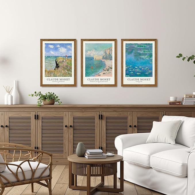 JLTULT 3 Piece Framed Vintage Claude Monet Canvas Wall Art, Impressionism Landscape Wall Decor, The Cliff Walk at Pourville Water Lilies Prints for Living Room Bedroom Office 12x16 in Easy to Hang