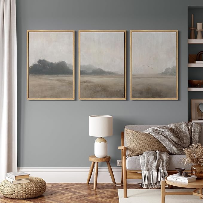 MUDECOR Framed Wall Art Print Set Serene MeadowTranquil Landscape with Foggy Fields and Distant Trees Illustrations Realism Decorative for Living Room, Bedroom, Office - 24"x36"x3 Natural